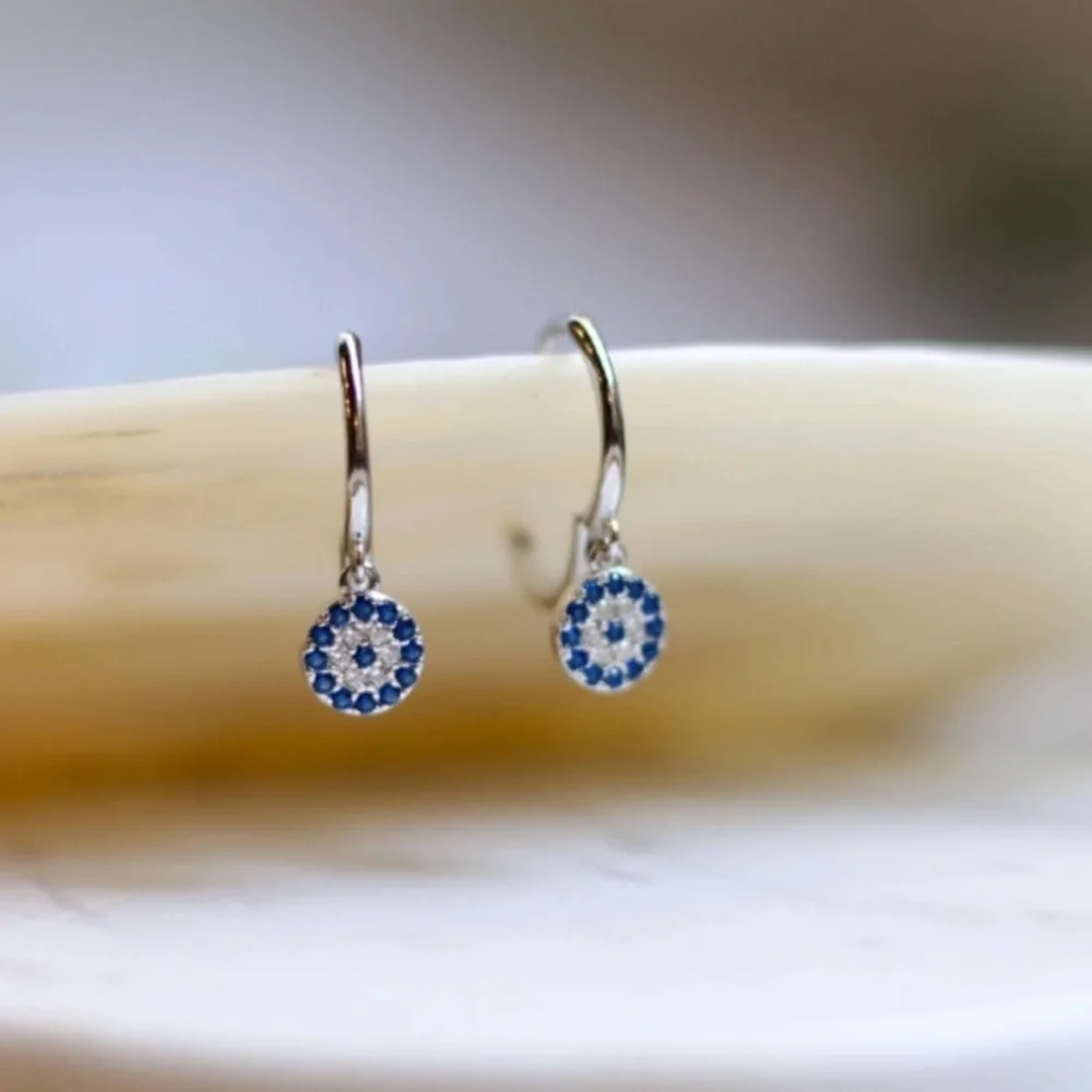 925 sterling Silver Evil Eye Dazzling Blue  Crystal Earrings